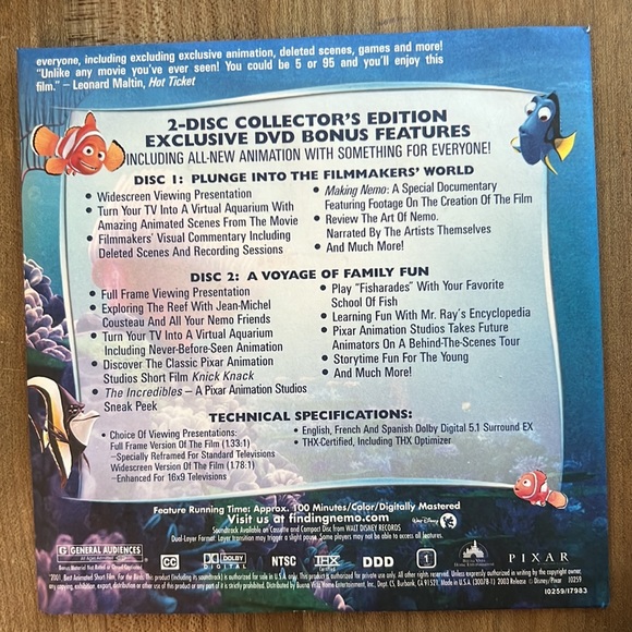 Finding Nemo movie DVD 2 disc collection with Bonus Finding Nemo CD-ROM game - Picture 6 of 7